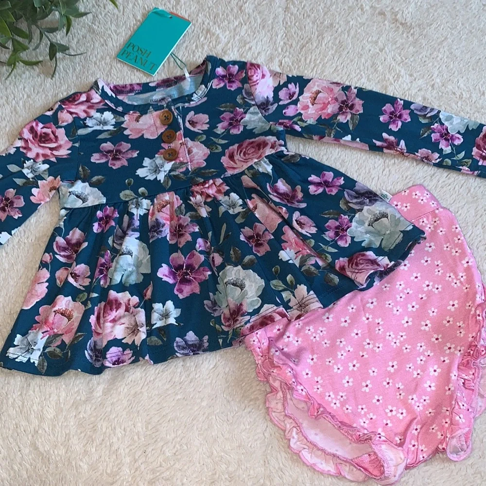 NWT Posh Peanut Keisha Long Sleeve Henley Peplum Top & Bloomer Set 12-18M
